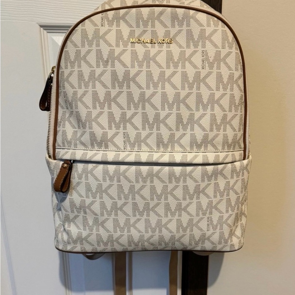Michael Kors Monogram Cream and Brown Backpack